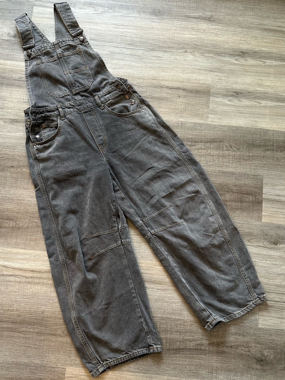 We The Free light gray denim barrel overalls